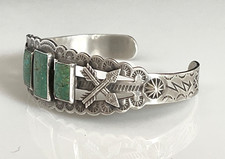 VTG Fred Harvey Era Sterling Silver Green Turquoise Small Cuff Bracelet Size 6 - Additional view 4