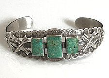 VTG Fred Harvey Era Sterling Silver Green Turquoise Small Cuff Bracelet Size 6