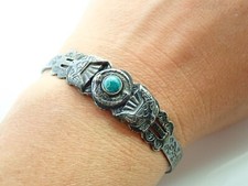 Navajo Fred Harvey Era Green Turquoise Snake Thunderbird Sterling Cuff Bracelet - Additional view 10