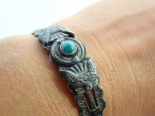 Navajo Fred Harvey Era Green Turquoise Snake Thunderbird Sterling Cuff Bracelet