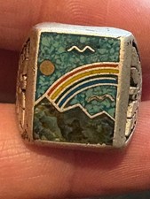 Vintage Rainbow Over Mountains FRED HARVEY ERA Thunderbirds & Kachinas Ring Sz 9 - Additional view 14