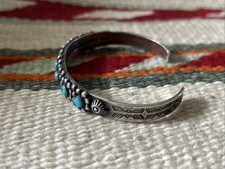Fred Harvey Era Zuni Turquoise Flowers Stamped Sterling Silver Cuff Bracelet - Additional view 1