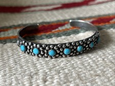 Fred Harvey Era Zuni Turquoise Flowers Stamped Sterling Silver Cuff Bracelet