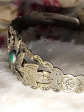 Fred Harvey Era Navajo THUNDERBIRD & Turquoise Cuff Bracelet Coin Silver *READ* - Additional view 7