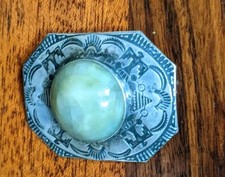 Vintage Navajo Fred Harvey Era Sterling Silver Green Agate Stamped Brooch Pin - Additional view 3