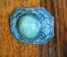 Vintage Navajo Fred Harvey Era Sterling Silver Green Agate Stamped Brooch Pin - Additional view 4