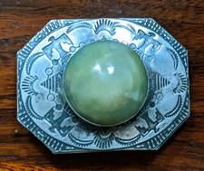 Vintage Navajo Fred Harvey Era Sterling Silver Green Agate Stamped Brooch Pin