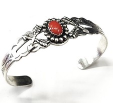 Vintage Fred Harvey Era Coral and Crossed Arrows Sterling Silver Cuff Bracelet - Additional view 6