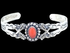 Vintage Fred Harvey Era Coral and Crossed Arrows Sterling Silver Cuff Bracelet