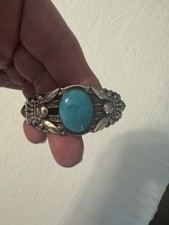 FINE OLDER Vintage Navajo Sterling Silver Turquoise APPLIQUE Bracelet Jewelry
