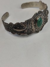 Vintage Fred Harvey Sterling Green Stone Cuff Bracelet - Additional view 1