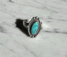 VTG Sterling Silver Jane Popovich Elongated Oval Turquoise Ring Fred Harvey Era