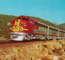 Santa Fe Warbonnet Streamliner in Cajon Pass Train Postcard 1953 - Fred Harvey