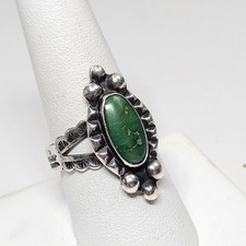 Rare Fred Harvey Era Sterling Silver Greasy Green Turquoise Ring Adjustable 925 - Additional view 1