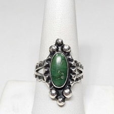 Rare Fred Harvey Era Sterling Silver Greasy Green Turquoise Ring Adjustable 925