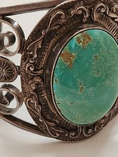 Vintage FRED HARVEY ERA Navajo BIG Turquoise Stampwork Sterling Bracelet 6 1/8