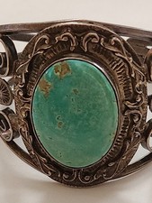 Vintage FRED HARVEY ERA Navajo BIG Turquoise Stampwork Sterling Bracelet 6 1/8