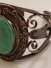 Vintage FRED HARVEY ERA Navajo BIG Turquoise Stampwork Sterling Bracelet 6 1/8