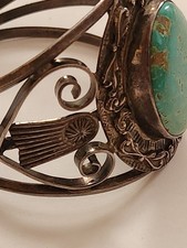 Vintage FRED HARVEY ERA Navajo BIG Turquoise Stampwork Sterling Bracelet 6 1/8