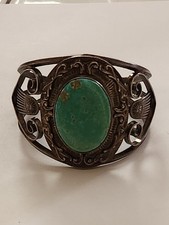 Vintage FRED HARVEY ERA Navajo BIG Turquoise Stampwork Sterling Bracelet 6 1/8"