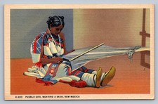 Postcard Fred Harvey Pueblo Girl Weaving a Sash Linen Unposted N378