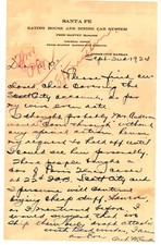 1924 Santa Fe Fred Harvey Letter Dodge City KS Eating House & Dining Car System