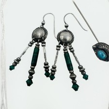 VTG 925 Sterling Silver Fred Harvey Era Trio Turquoise Pin/Necklace Green Stone - Additional view 2