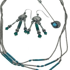 VTG 925 Sterling Silver Fred Harvey Era Trio Turquoise Pin/Necklace Green Stone