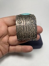 RARE! 1920s Old Pawn Fred Harvey Era Sterling Silver Turquoise Stamped Cuff  - Additional view 2