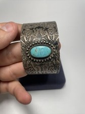 RARE! 1920s Old Pawn Fred Harvey Era Sterling Silver Turquoise Stamped Cuff  - Additional view 4
