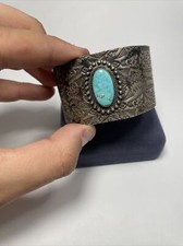 RARE! 1920s Old Pawn Fred Harvey Era Sterling Silver Turquoise Stamped Cuff  - Additional view 10