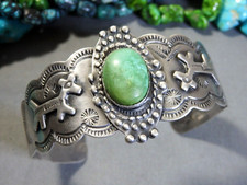 Fred Harvey Era NAVAJO Natural TURQUOISE Sterling Silver DOG HORSE Cuff Bracelet