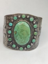 Vintage Early Fred Harvey Large Green Rhinestone Cuff Bracelet