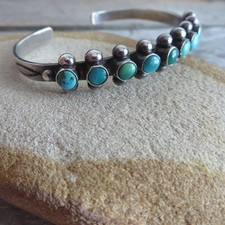 Vintage Native American Fred Harvey Turquoise Sterling Row Bracelet - Additional view 4