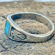 Vintage Navajo Sterling Silver Turquoise Thunderbird Ring Old Trading Post Era - Additional view 1