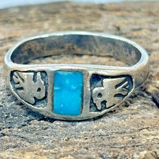 Vintage Navajo Sterling Silver Turquoise Thunderbird Ring Old Trading Post Era - Additional view 14