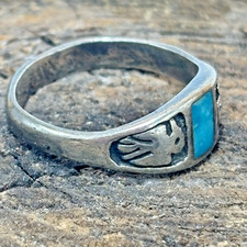Vintage Navajo Sterling Silver Turquoise Thunderbird Ring Old Trading Post Era - Additional view 4
