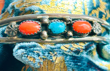 FRED HARVEY ERA NAVAJO CUFF BRACELET Sterling Turquoise Coral PICTO SIGNED 6 1/4 - Additional view 2