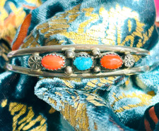 FRED HARVEY ERA NAVAJO CUFF BRACELET Sterling Turquoise Coral PICTO SIGNED 6 1/4 - Additional view 8