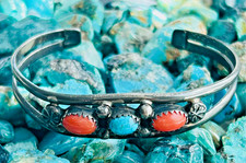 FRED HARVEY ERA NAVAJO CUFF BRACELET Sterling Turquoise Coral PICTO SIGNED 6 1/4