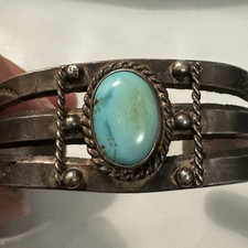 Vintage Southwestern Turquoise Silver Tone Fred Harvey Era Cuff Bracelet READ