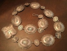 Old Pawn - Fred Harvey Era Sterling Silver Hand Stamped Concho Belt 32”L 180g!