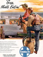 Santa Fe Railroad Dining Car Cowboy and Boy FRED HARVEY Food 1947 Magazine Ad