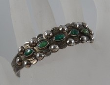 Vintage c1930 Fred Harvey Era Green Turquoise Coin Silver Cuff Bracelet M0439