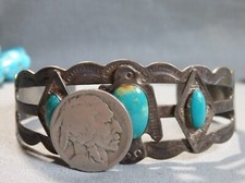 Fred HarveyEra NAVAJO Nevada TURQUOISE Sterling Silver THUNDERBIRD Cuff Bracelet - Additional view 3