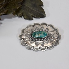 Vintage Fred Harvey Era Navajo Oval Concho Pin Brooch Turquoise Sterling Stamped