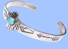 Fred Harvey Sterling Silver Thunderbird Turquoise Cuff Bracelet Small 5 1/2” - Additional view 1