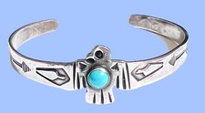 Fred Harvey Sterling Silver Thunderbird Turquoise Cuff Bracelet Small 5 1/2”