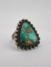 Vtg Fred Harvey Navajo Sterling Silver Cerrillos Turquoise Stamped Triangle Ring - Additional view 1