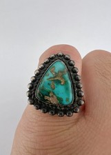 Vtg Fred Harvey Navajo Sterling Silver Cerrillos Turquoise Stamped Triangle Ring - Additional view 6